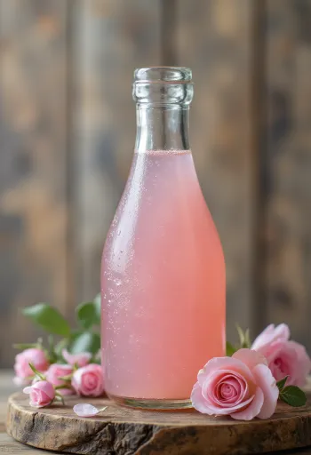 Chai nước hoa hồng trong suốt bên cạnh bánh ngọt và cánh hoa hồng