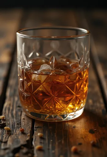 Ly rượu Rum đen màu hổ phách đậm bên cạnh chai rượu, mía tươi và lát chanh