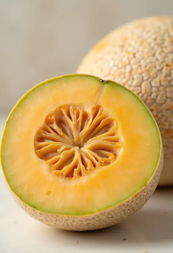 Dưa lưới ruột vàng cắt lát và miếng bổ cau trên bàn gỗ