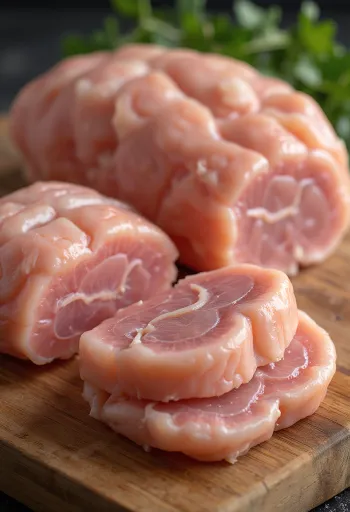 Miếng seitan (mì căn) cắt lát và tẩm ướp trên thớt gỗ, sẵn sàng chế biến