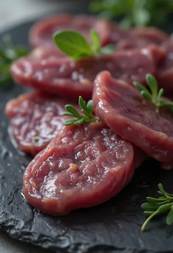 Gan heo tươi thái lát trên thớt gỗ, màu đỏ sẫm tươi ngon