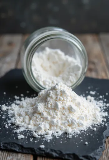 Bột nở trắng mịn trong bát sứ và trên thìa gỗ
