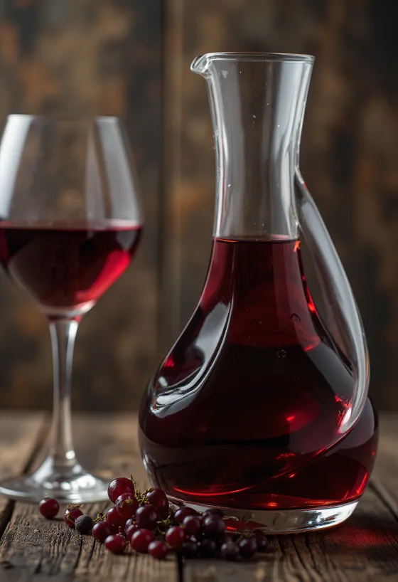 Ly rượu vang đỏ đậm đà bên cạnh chùm nho sẫm màu và thùng ủ rượu