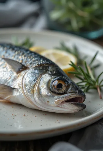 Cá mòi tươi nguyên con cùng chanh, muối và rau mùi tây trên thớt gỗ
