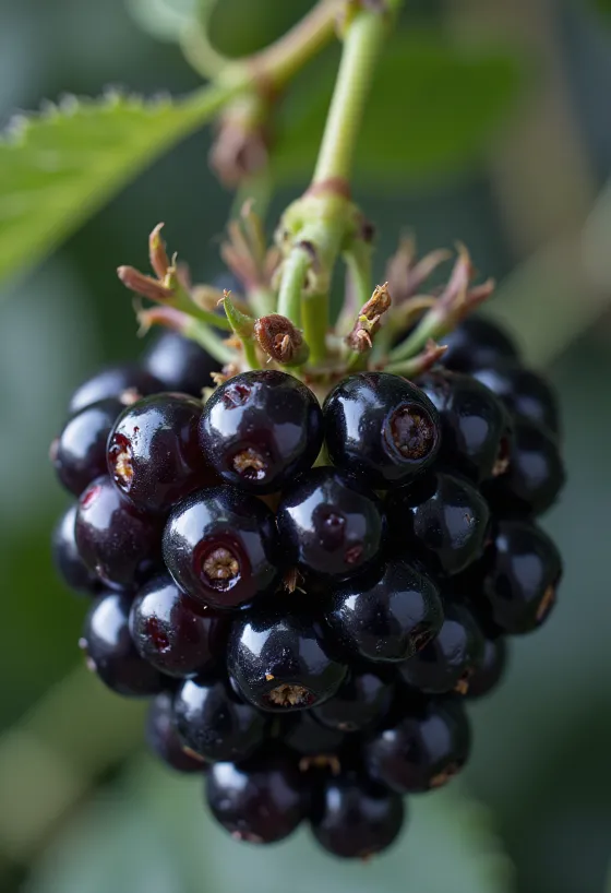 Mâm xôi đen tươi trong bát và trên bàn gỗ, kèm hũ mứt nhà làm