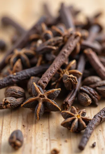 Nụ đinh hương khô và bột đinh hương trên nền gỗ