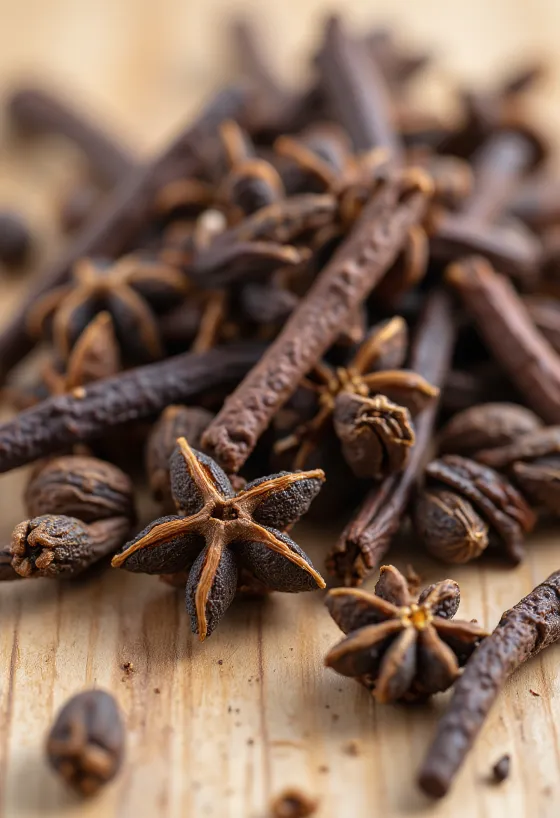 Nụ đinh hương khô và bột đinh hương trên nền gỗ