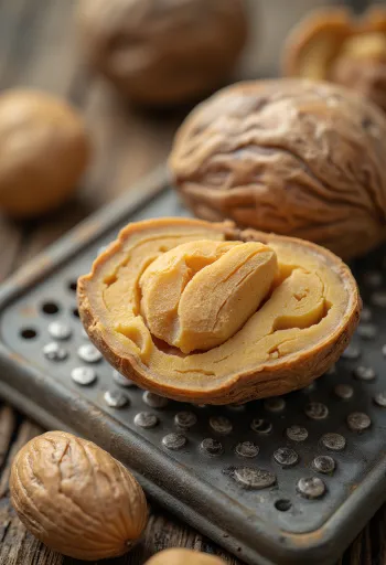 Hạt nhục đậu khấu nguyên và bột xay trong bát gỗ