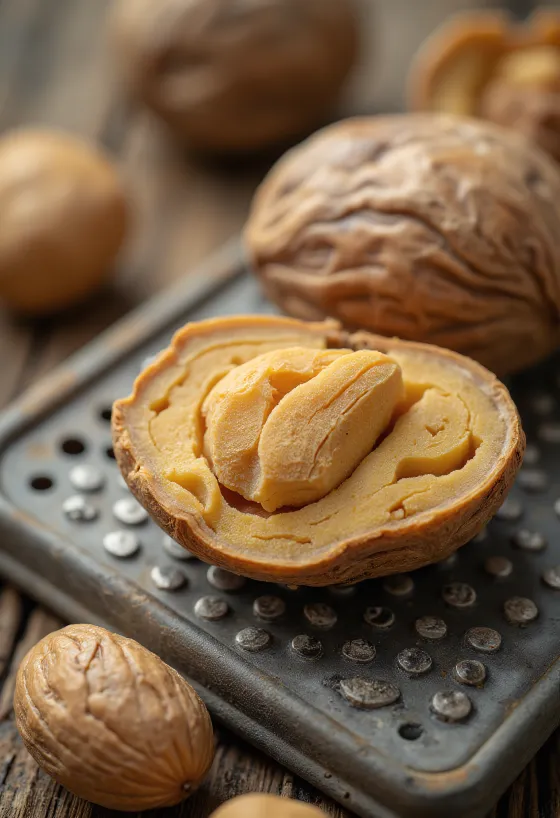 Hạt nhục đậu khấu nguyên và bột xay trong bát gỗ