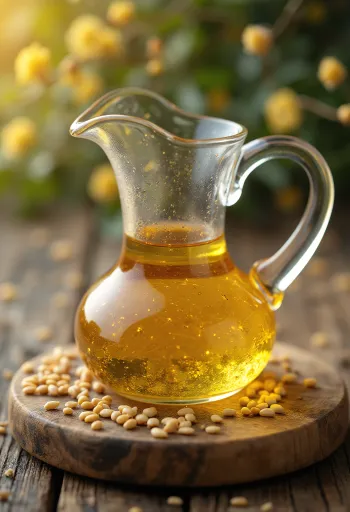 Chai dầu mè nhỏ và bát hạt mè trắng trên nền gỗ