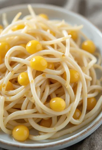 Đĩa giá đỗ tương tươi với thân trắng và hạt vàng giòn ngon