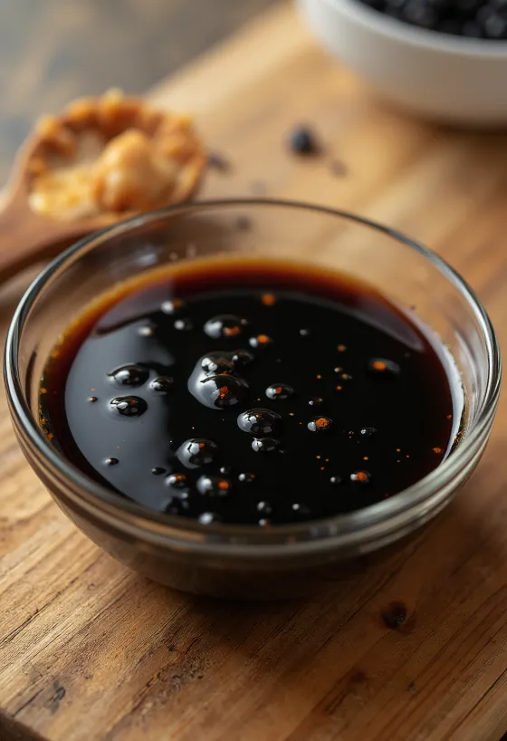 Bát nước tương sẫm màu, bên cạnh là đậu nành lên men, lúa mì rang và muối biển