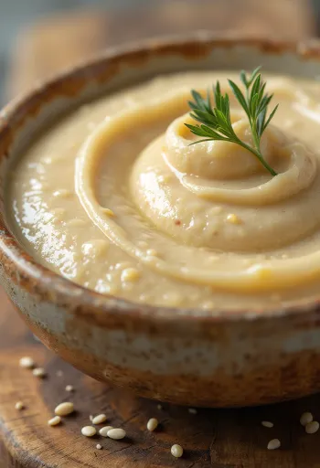Sốt bơ vừng Tahini sánh mịn trong bát và hạt vừng rang