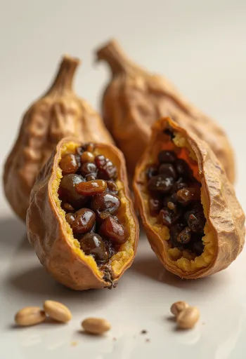 Quả me khô nguyên vỏ và thịt me bóc vỏ cùng bát nước cốt me