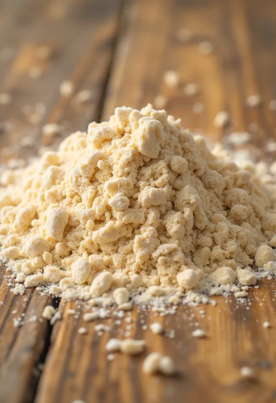 Bột mì nguyên cám trong bát gốm, vương vãi trên bàn gỗ