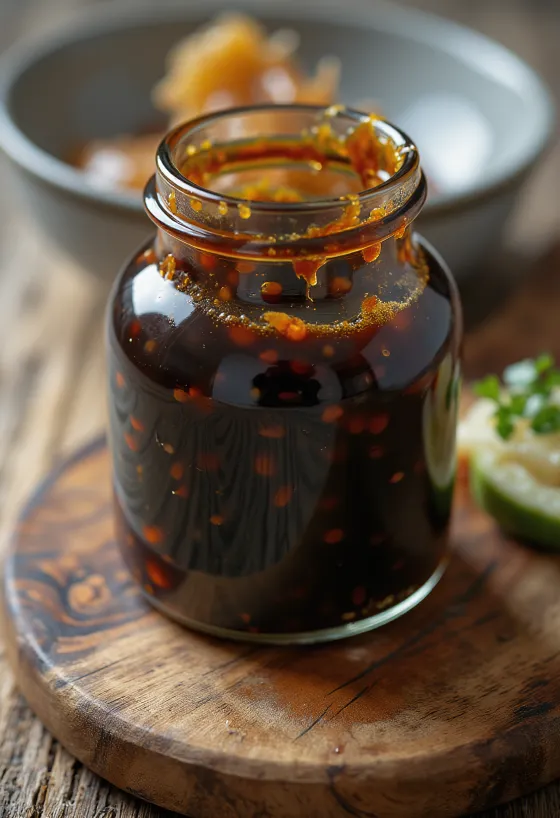 Bát sốt Teriyaki nâu bóng loáng cùng các nguyên liệu: xì dầu, mirin, sake, đường