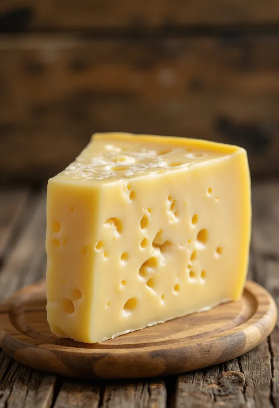 Phô mai Trappista vàng nhạt trong bát gốm trắng trên bàn gỗ