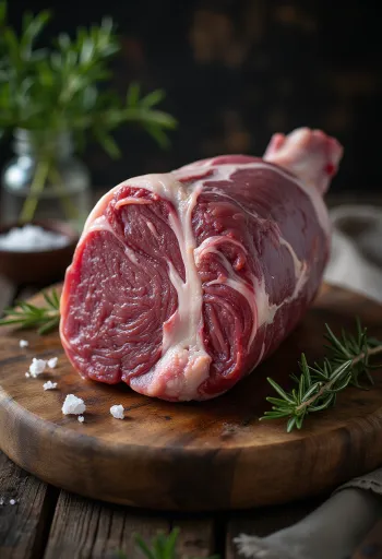 Thịt đùi heo rừng tươi sống tẩm ướp gia vị thảo mộc trên thớt