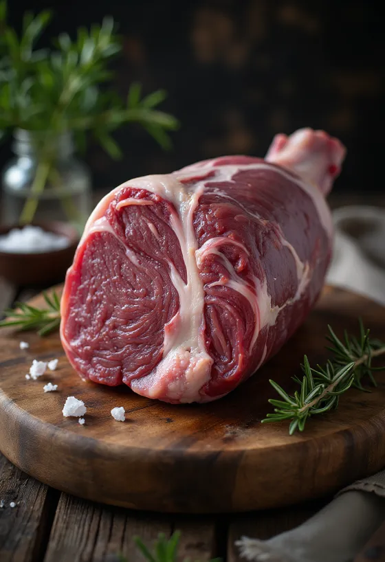 Thịt đùi heo rừng tươi sống tẩm ướp gia vị thảo mộc trên thớt