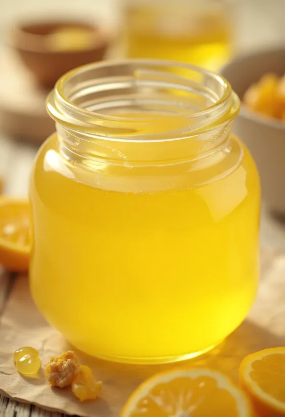 Hũ Ghee vàng óng và thìa gỗ múc bơ trên bàn