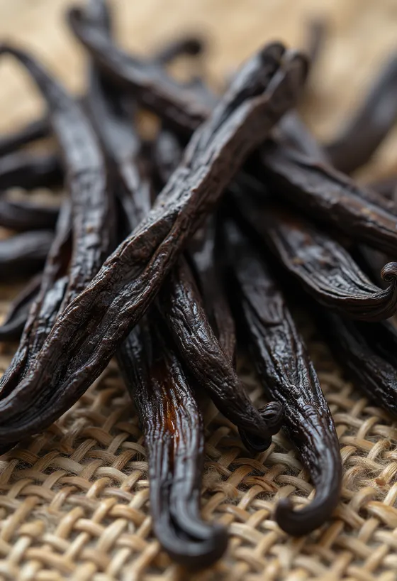 Những quả vani khô nâu bóng trên mặt bàn gỗ, nguyên liệu làm bánh cao cấp