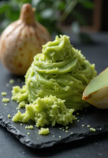 Củ Wasabi tươi và bát bột wasabi xanh mịn bên cạnh bàn mài