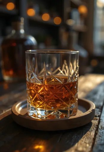 Chai rượu Whiskey và ly rượu màu hổ phách bên cạnh thùng gỗ sồi và hạt lúa mạch