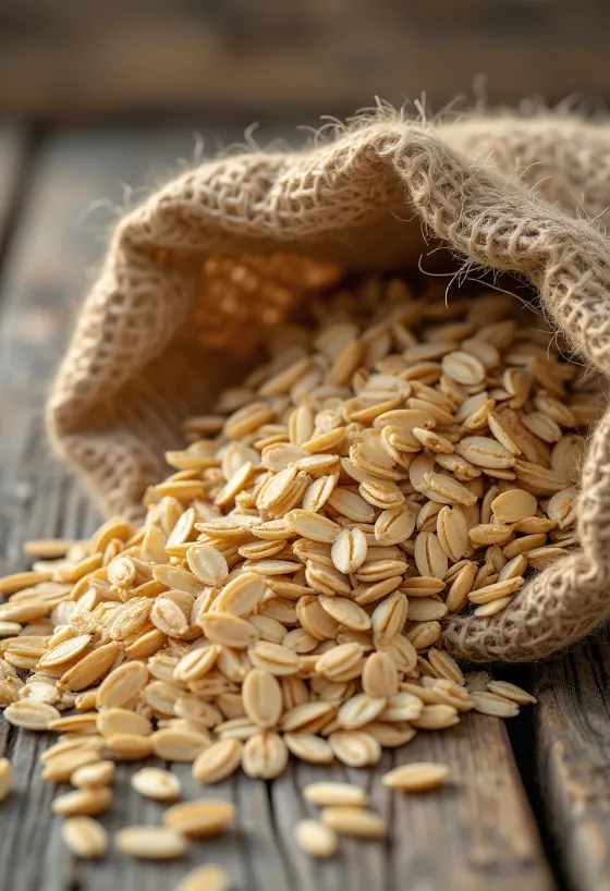 Hạt yến mạch nguyên cám sạch trong túi nhỏ và trên bàn