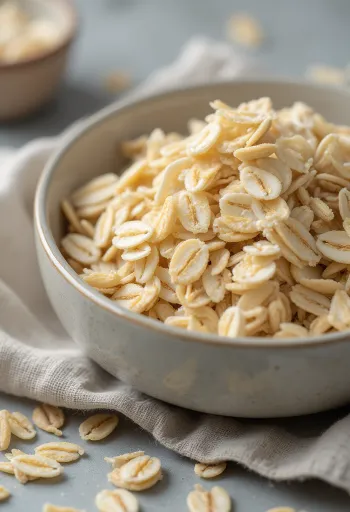 Yến mạch cán dẹt trong bát gốm và vương trên bàn gỗ