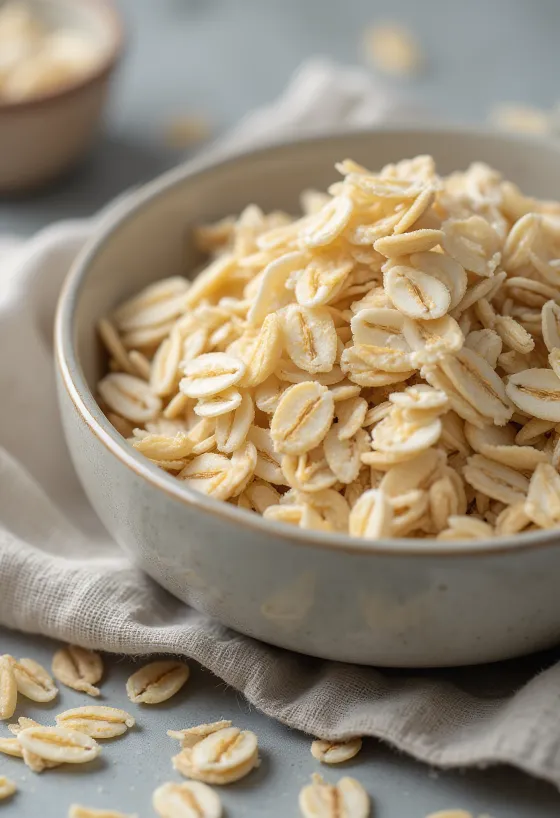 Yến mạch cán dẹt trong bát gốm và vương trên bàn gỗ