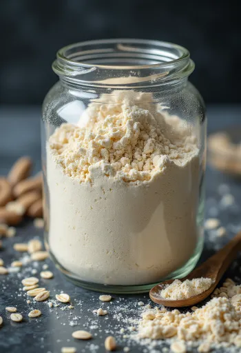 Bột yến mạch mịn trong bát gốm và vương trên bàn