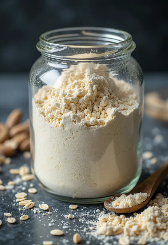 Bột yến mạch mịn trong bát gốm và vương trên bàn