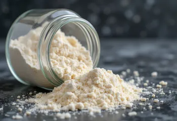 Bột yến mạch mịn trong bát gốm và vương trên bàn
