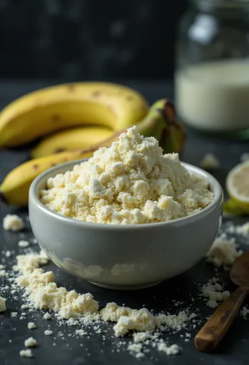 Bột chuối xanh mịn màng trong bát và quả chuối xanh cắt lát