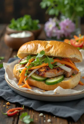 Bánh mì Việt Nam cổ điển được trình bày với rau củ tươi và thịt bò phong phú hương vị.