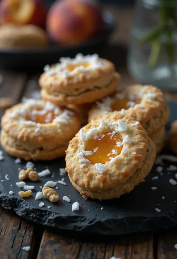 Bánh linzer dừa và óc chó trên đĩa tráng miệng