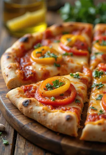 Pizza ai Peperoni với ớt chuông nhiều màu và mozzarella