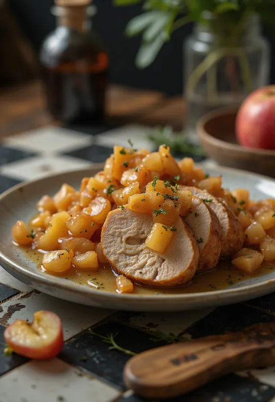 Pork loin ăn kèm mứt táo và trang trí với cỏ xạ hương tươi