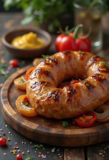 Xúc xích chiên vàng nâu, vỏ giòn rụm, phục vụ cùng rau gia vị tươi