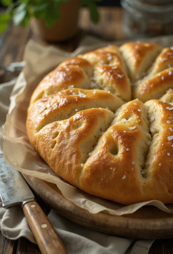 Bánh mì Focaccia men nở đặc ruột kiểu mộc mạc được phục vụ