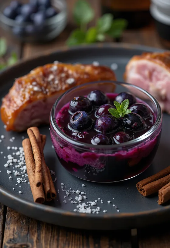 Sốt giấm balsamic việt quất quế được bày biện