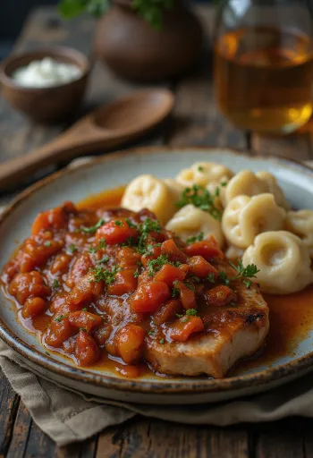 Thịt heo hầm ớt paprika đỏ tươi với mỳ Nokedli