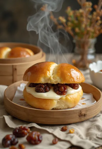 Bánh bao nhân nho khô rượu rum bày biện