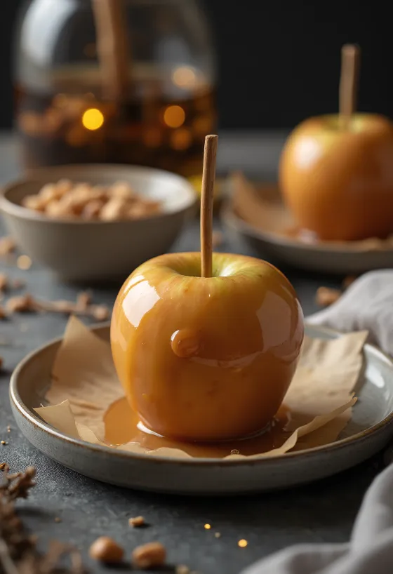 Táo bọc caramel với lớp vỏ vàng óng, giòn rụm