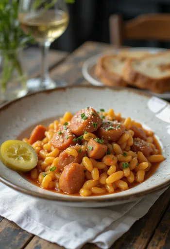 Mì trứng Tarhonya kiểu mục đồng với xúc xích hun khói và khoai tây, rắc ngò tây tươi