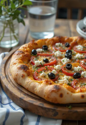 Pizza Greca với phô mai feta, ô liu đen và cà chua tươi