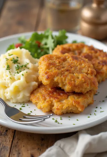 Thăn bò tẩm bột chiên phục vụ với khoai tây nghiền và rau mùi tây