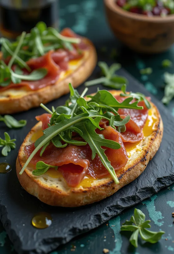 Focaccia thịt Bresaola và rau rocket được bày biện