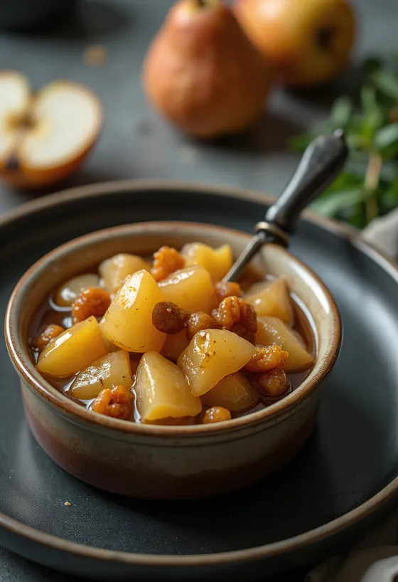 Chutney lê chua ngọt được bày ra đĩa