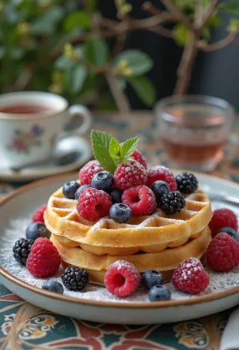 Bánh waffle quả mọng rừng với trái cây tươi và mật ong